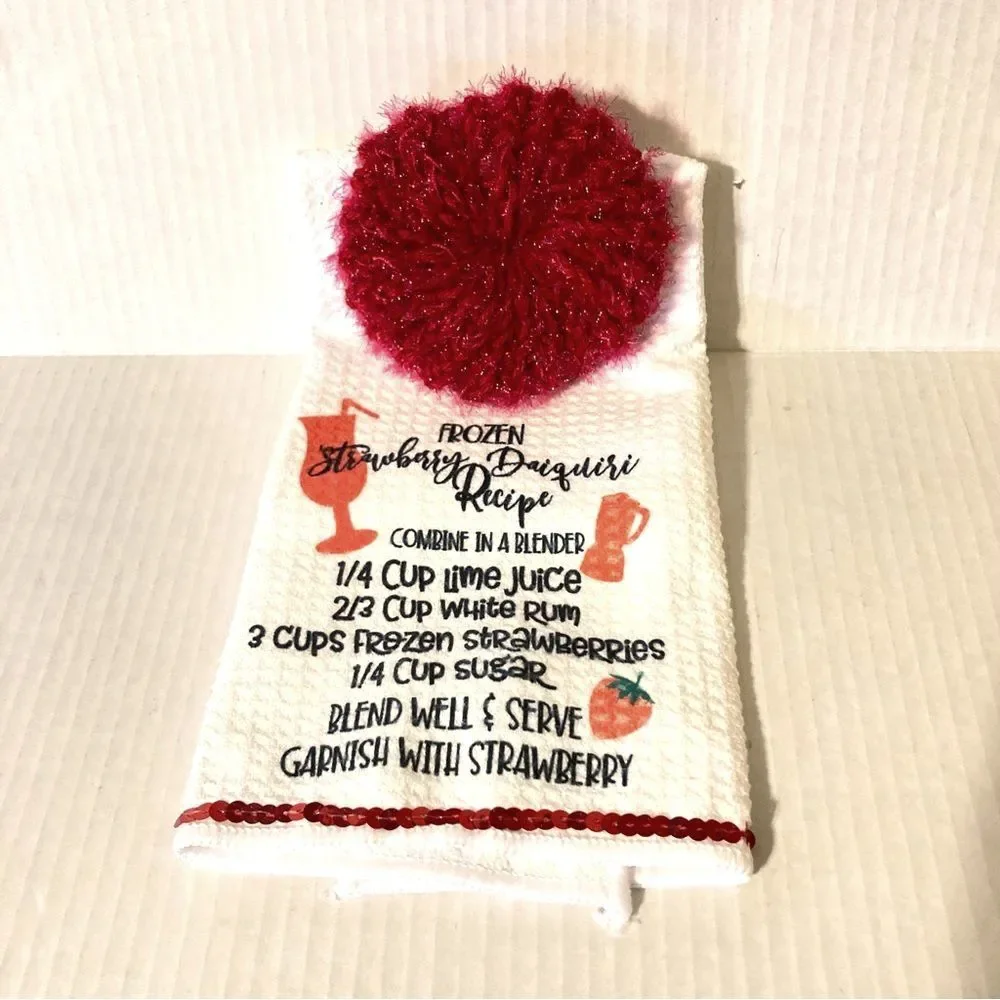 STRAWBERRY DAIQUIRI Bar Keeper Towel and Countertop Dish Glass Scrubby Gift Set